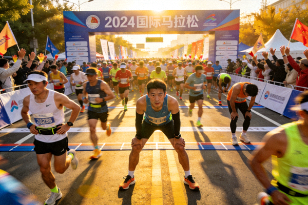 国际马拉松赛事起跑线，众多选手准备出发的壮观场面
